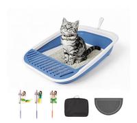 Pawise Foldable Cat Litter Box, Low Entry Collapsible Kitten Litter Box with Scoop, Travel Pet Potty Pan & Anti-Splash Toilet for Kittens (with Storage Bag, Cat Teaser & Grooming Glove) (Blue)
