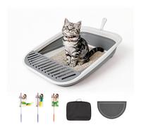 Pawise Foldable Cat Litter Box, Low Entry Collapsible Kitten Litter Box with Scoop, Travel Pet Potty Pan & Anti-Splash Toilet for Kittens (with Storage Bag, Cat Teaser & Grooming Glove) (Grey)