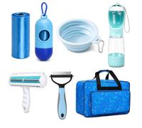 PawKit- All-in-one Dog Travel and Grooming Kit:- Deshedding Rake, Portable Water Bottle Feeder, Pet Hair Lint Roller, Collapsible Bowl, Poop Bag Dispenser, and a Travel Storage Bag. (Blue)
