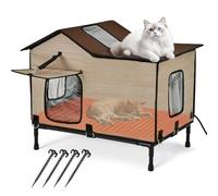 Pawlico Heated Cat House for Outside in Winter, Weatherproof & Insulated Large Cat Shelter with Heated Cat Bed and 2 Safe Escape Doors for Multiple Stray/Feral Cats(Wood-Grain, 27.6"x19.3"x21.3")