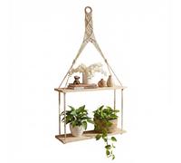 PAWNORA 2 Tier Rope Hanging Shelf Wooden Boho Bedroom Decor in Brown | Size: 100 cm x 15 cm PAWNORA Brown 100 cm x 15 cm