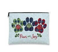 Paws and Joy Holiday Makeup Bag, Plaid Patterned Cosmetic Travel Pouch for Women, Fun Animal Print Toiletry Organizer, Christmas Gift Idea, Blue, 7x9 Inch, Paw