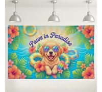 Paws in Paradise Tropical Wall Backdrop, Colorful Dog Summer Party Decorations, Fun Floral Background for Photography Events, Beach Theme Indoor/Outdoor Supplies 71x43 Inch