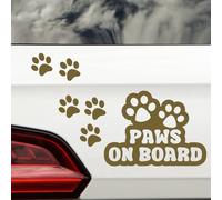Paws On Board & 6 Paw Prints Pet Funny Car Sticker - Waterproof Decal - Long Lasting - Dog & Cat Gifts for Cars, Vans, Caravans, Motorhomes (Gold)