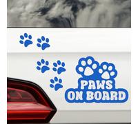 Paws On Board & 6 Paw Prints Pet Funny Car Sticker - Waterproof Decal - Long Lasting - Dog & Cat Gifts for Cars, Vans, Caravans, Motorhomes (Blue)