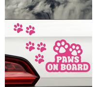 Paws On Board & 6 Paw Prints Pet Funny Car Sticker - Waterproof Decal - Long Lasting - Dog & Cat Gifts for Cars, Vans, Caravans, Motorhomes (Pink)