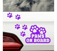 Paws On Board & 6 Paw Prints Pet Funny Car Sticker - Waterproof Decal - Long Lasting - Dog & Cat Gifts for Cars, Vans, Caravans, Motorhomes (Purple)
