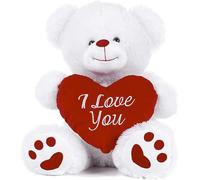 Paws White Teddy Bear holding Red Heart with I Love You written on it (White, 10")