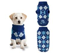 PawSailor Knitted Dog Jumper Turtleneck Plaid Pattern Puppy Pullover Soft Comfortable Winter Warm Coat Pet Clothes for Medium Dogs Like French Bulldog, Gorgi, Beagles, Blue XL