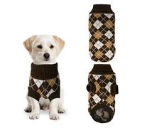 PawSailor Knitted Dog Jumper Turtleneck Plaid Pattern Puppy Pullover Soft Comfortable Winter Warm Coat Pet Clothes for Medium Dogs Like French Bulldog, Gorgi, Beagles, Brown XL