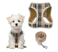 PawSailor Step in Dog Harness and Lead Set Adjustable No Pull Soft Mesh Padded Puppy Harness Reflective Plaid Pattern with Safety Buckle, Easy Walk Pet Vest for Small Dogs and Cats, Beige M