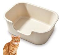Pawsayes High Sided Cat Litter Tray Large Open Top Litter Box Deep Wall and Low Entry Splash Proof Kitty Litter Box for All Ages Cats (Khaki)