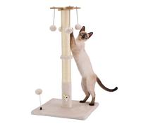 PAWSFANS Cat Scratching Post Indoor Cat and Kitten 30" Tall Sisal Scratching Post with 4 Hanging Ball Toys, Strengthen Stable Base, Beige