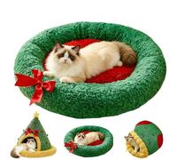 Pawsmas Christmas Tree Triangle Cat Cave Bed, Warm Christmas Cat Tree Bed, Removable and Washable Winter Closed-Off, Suitable for Small Dogs Pet to Sleep/Nap/Hide/Play (green-A,M)