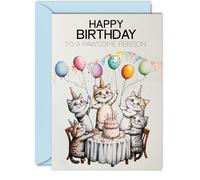 Pawsome Person Birthday Card - Pawsome Party Cats Balloons - Happy Birthday Card for Pawsome Person from Colleague Friends, 5x7 Inch Male Female Cat Bday Greeting Cards