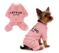 Pawstrip Warm Dog Winter Coat with Built-in Leash Ring, Fleece 4-Legged Jumpsuit for Small Dogs, Cute Let's Go Print Puppy Clothes, Cold Weather Outfit Boy Girl