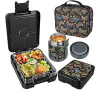 Pawtong Bento Lunch Box Set With 10oz Soup Thermo, Leak-proof Lunch Containers with 4 Compartment, Kids Hot Thermo Food Jar/Insulation Lunch Bag, Food Containers for School (Black-Games)