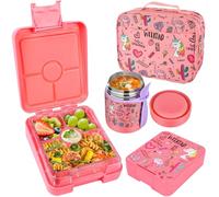 Pawtong Bento Lunch Box Set With 10oz Soup Thermo, Leak-proof Lunch Containers with 4 Compartment, Kids Hot Thermo Food Jar/Insulation Lunch Bag, Food Containers for School（Flamingo）