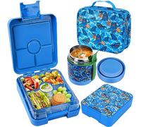 Pawtong Bento Lunch Box Set With 10oz Soup Thermo, Leak-proof Lunch Containers with 4 Compartment, Kids Hot Thermo Food Jar/Insulation Lunch Bag, Food Containers for School(Shark)