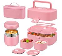 Pawtong Bento Lunch Box with 8oz Soup Thermo, Kids Sustainable Bento Box Leakproof Lunch Food Containers with Lunch Bag, Kids Thermo Insulated Hot Food Jar for School, Trvael (Pink)