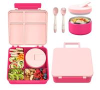 Pawtong Bento Lunch Box with Soup Thermos 0.24L, Leakproof Food Containers with 4 Compartments for Kids, Thermal Insulated Hot Food Jar for School, Pink