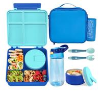 Pawtong Kids Bento Lunch Box with 8oz Soup Thermo, Water Bottle, Kids Leakproof Lunch Food Containers with 4 Compartment, Kids Insulated Hot Food Jar with Lunch Bag for School, Trvael (Blue), Middle