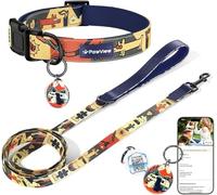 PawView Dog Collar and Lead Set, Comfortable Soft Adjustable Nylon Collar with QR Code Tag, Durable Puppy Leash for Small, Medium and Large Dogs(M：Neck 33-51cm,Width 2cm,Night Sky）