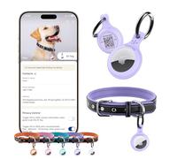 PawView Genuine Leather Dog Collar with AirTag Holder - Adjustable & Personalised for for Small, Medium, Large Dogs - Breathable PU Lining, Anti-Loss QR Code (L,Purple)