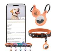 PawView Genuine Leather Dog Collar with AirTag Holder- Adjustable & Personalised for for Small, Medium, Large Dogs - Breathable PU Lining, Anti-Loss QR Code (L,Orange Set)