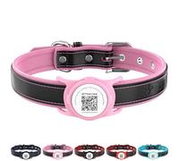 PawView Genuine Leather Dog Collar with AirTag Holder- Adjustable & Personalised for Small Dogs-Breathable PU Lining,Anti-Loss QR Code (L:Neck 46-60cm,Width 2.5cm,Pink)