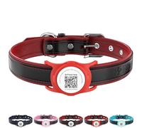 PawView Genuine Leather Dog Collar with AirTag Holder- Adjustable & Personalised for Small,Medium,Large Dogs-Breathable PU Lining,Anti-Loss QR Code (L:Neck 46-60cm,Width 2.5cm,Red & Red)