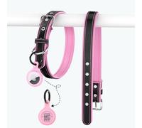 PawView Genuine Leather Dog Collar with AirTag Holder & Anti-lost QR Code, Soft Padded, Personalised AirTag Dog Collars Adjustable for Small Medium Large Dogs (L:Neck 46-60cm,Width 2.5cm,Pink)