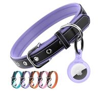 PawView Genuine Leather Dog Collar with AirTag Holder & QR Code, Soft Padded Adjustable Collar, Heavy Duty Metal Buckle for Small, Medium & Large Dogs (M,Purple)