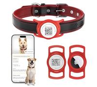 PawView Genuine Leather Dog Collar with AirTag Holder & QR Code, Soft Padded Adjustable Collar, Heavy Duty Metal Buckle for Small, Medium & Large Dogs (S,Red)