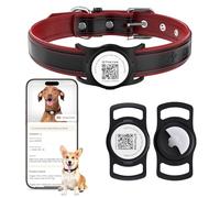 PawView Genuine Leather Dog Collar with AirTag Holder & QR Code, Soft Padded Adjustable Collar, Heavy Duty Metal Buckle for Small, Medium & Large Dogs (S,Black)
