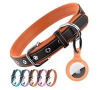 PawView Genuine Leather Dog Collar with AirTag Holder & QR Code, Soft Padded Adjustable Collar, Heavy Duty Metal Buckle for Small, Medium & Large Dogs (L,Orange)
