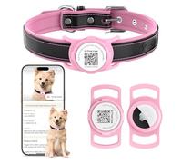 PawView Genuine Leather Dog Collar with AirTag Holder & QR Code, Soft Padded Adjustable Collar, Heavy Duty Metal Buckle for Small, Medium & Large Dogs (L,Pink)