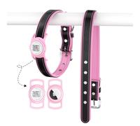 PawView Genuine Leather Dog Collar with AirTag Holder & QR Code, Soft Padded Adjustable Collar, Heavy Duty Metal Buckle for Small, Medium & Large Dogs (S,Pink)