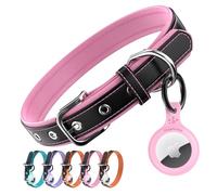 PawView Genuine Leather Dog Collar with AirTag Holder & QR Code, Soft Padded Adjustable Collar, Heavy Duty Metal Buckle for Small, Medium & Large Dogs (L,Pink)