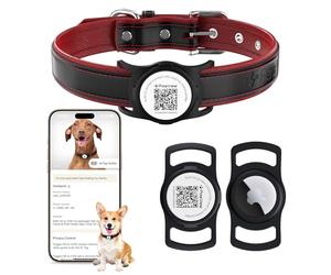 PawView Genuine Leather Dog Collar with AirTag Holder & QR Code, Soft Padded Adjustable Collar, Heavy Duty Metal Buckle for Small, Medium & Large Dogs (M,Black)