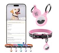PawView Genuine Leather Dog Collar with Smart AirTag Holder - Adjustable & Personalised for for Small,Medium,Large Dogs-Breathable PU Lining,Anti-Loss QR Code (M,Pink)