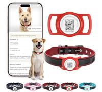 PawView Leather Padded Dog Collar & Smart AirTag Holder- Soft & Comfortable for Small, Medium, & Large Breeds - Durable (S, 28-42cm, Red & Red)