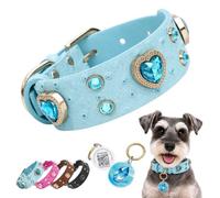 PawView Rhinestone Dog Collar with Smart QR Code ID Tag, Personalised Wide Adjustable Waterproof Leather Collar for Small, Medium & Large Dogs, Blue, S