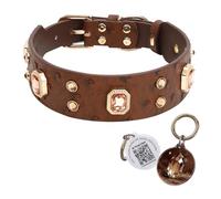 PawView Rhinestone Dog Collar with Smart QR Code ID Tag, Personalised Wide Adjustable Waterproof Leather Collar for Small, Medium & Large Dogs, Brown, L
