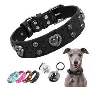 PawView Rhinestone Dog Collar with Smart QR Code ID Tag, Personalised Wide Adjustable Waterproof Leather Collar for Small, Medium & Large Dogs, Blue, L