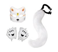 PawwJoy Animal Tail Set with Ears and Gloves for Cosplay, Masquerade, Birthday, Prom - 50cm Long Tail with Waist Buckle- White Yellow Chip