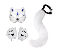 PawwJoy Animal Tail Set with Ears and Gloves for Cosplay, Masquerade, Birthday, Prom - 50cm Long Tail with Waist Buckle- White Blue Chip