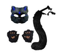 PawwJoy Animal Tail Set with Ears and Gloves for Cosplay, Masquerade, Birthday, Prom - 50cm Long Tail with Waist Buckle- Black Blue Chip