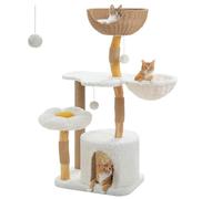 PAWZ Road 123cm Cat Tree for Indoor Cats with Spacious Wicker Basket and Natural Solid Wood Scratching Post, Modern Cat Tower with Large Metal Hammock, Luxury Condo and Flower Perch, White