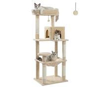 PAWZ Road 143cm Cat Tree for Indoor Cats with Metal Frame Large Hammock, 56.3 Inches Big Cat Tower with Scratching Posts and Top Perch, 4.7ft Multi-Level Activity Center with Replaceable Pompon, Beige
